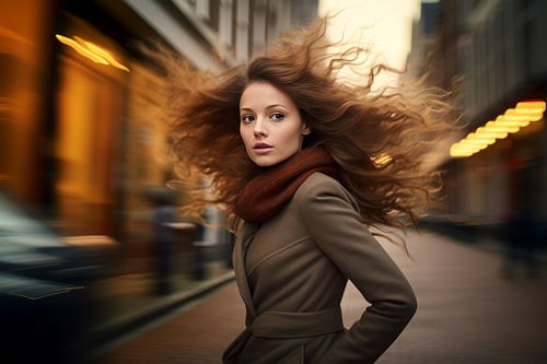 Portrait of a young woman in a busy city