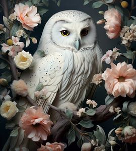 Hibou blanc fleurs 02