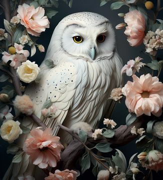 Witte uil bloemen 02 van Ellen Reografie
