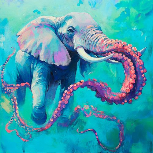 Olifant en octopus in de zee van dromen