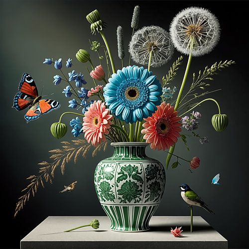 Grüne Vase mit delfterblauen Blumen, Vogel und Schmetterling - klassisch modernes Kunstwerk