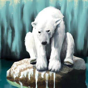 Polar bear on stone with melting snow in water by Maud De Vries