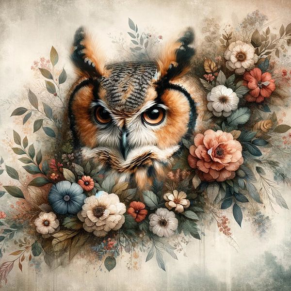 Wijsheid in een zee van bloemen: uil in een bloemensfeer van artefacti