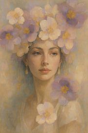 Frau der Träume inmitten von Blumen, zart, geheimnisvoll und bezaubernd in Pastell. von Marijke Trienekens