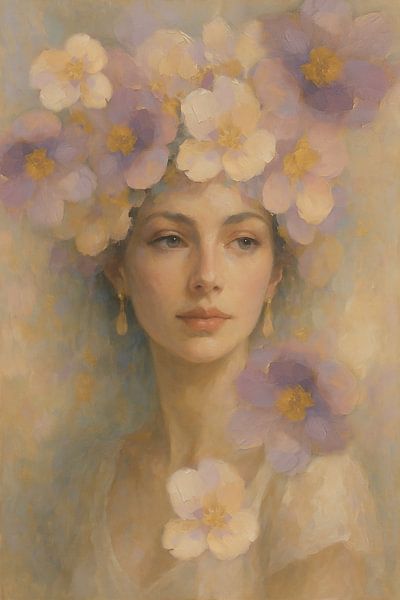 Frau der Träume inmitten von Blumen, zart, geheimnisvoll und bezaubernd in Pastell. von Marijke Trienekens