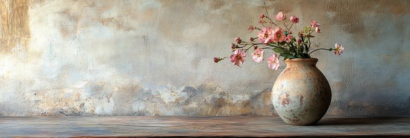 Ceramic vase with pink flowers panorama by Digitale Schilderijen