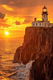 Vuurtoren op rots bij zonsondergang van Art & Soul Creations