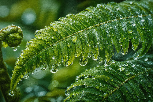 Fougère des bois couverte de rosée du matin – Thérapie par la nature en Indonésie I Indonésie I Collection « Rain »