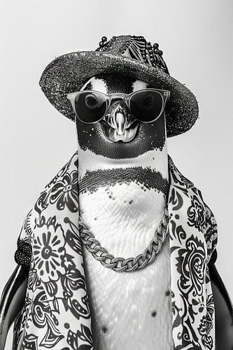 Pinguïn in zwart en wit met hoed en bril
