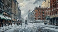 Gemälde einer verschneiten Straße in New York im frühen 20. Jahrhundert (KI)