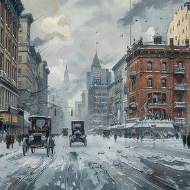 Schilderij van besneeuwde straat in New York stad begin 20e eeuw (KI) van Classic PrintArt