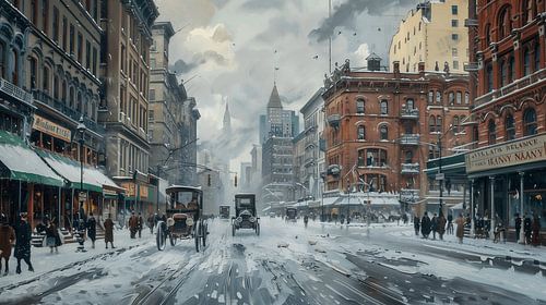 Schilderij van besneeuwde straat in New York stad begin 20e eeuw (KI)