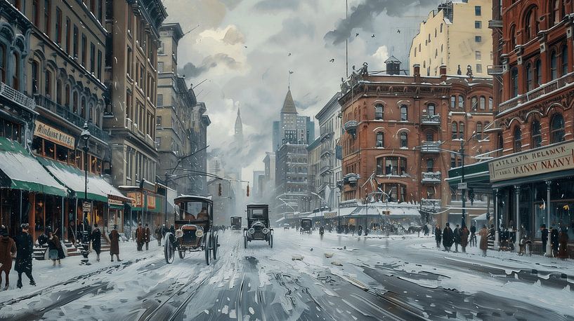 Gemälde einer verschneiten Straße in New York im frühen 20. Jahrhundert (KI) von Classic PrintArt