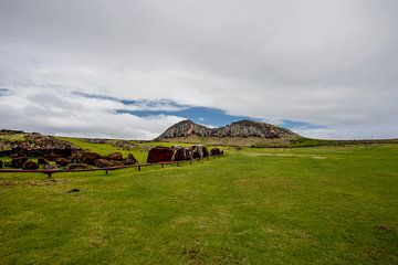 Landschap met gebroken moai beelden bij Ahu Tongariki op Paaseiland,  Chili, Polynesie van WorldWidePhotoWeb