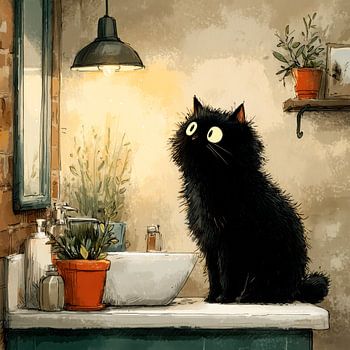 Schwarze Katze im Badezimmer schaut neugierig