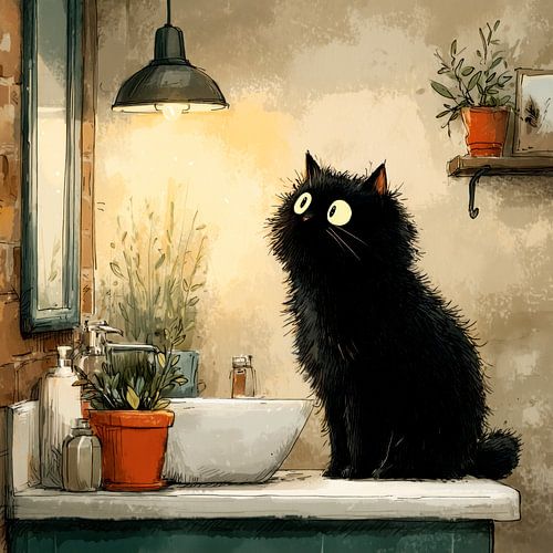 Un chat noir dans la salle de bain regarde avec curiosité