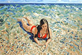 „In einer Blase am Meer“: ein sommerliches Gemälde einer Frau im roten Bikini von Dirk van der Ven