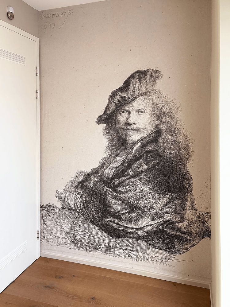 Selbstbildnis mit dem Unterarm, der sich auf eine Steinschwelle stützt, Rembrandt van Rijn. 