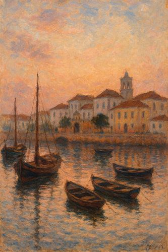 Zonsondergang in de oude haven van Faro – Algarve Boats & Jachthaven Impressionistische kunst