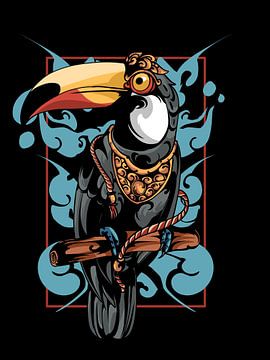 une combinaison d'oiseaux toucans avec des ornements culturels indonésiens balinais sur Rofis art