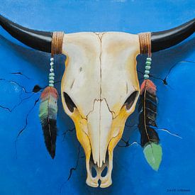 Bull Skull met veren schilderij van David Soekana