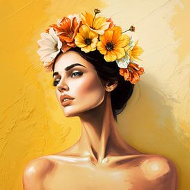 Vrouw met bloemen op haar hoofd met gele achterrgrond van Jan Bouma