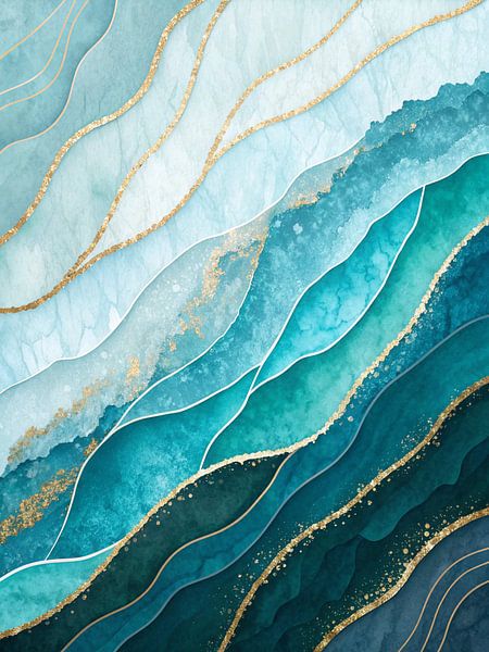 Majestueux azur &amp;amp ; vagues d'émeraude avec accents dorés - Un paysage abstrait moderne par Artistic