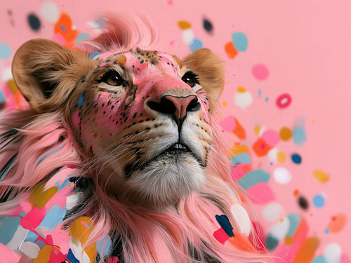 Roze Leeuw met Kleurrijke Verfspatten