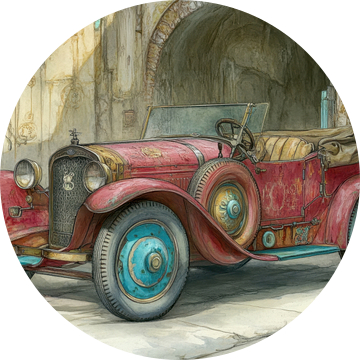 Tekening van een klassieke, rode cabriolet, een oldtimer -  van Peter Pen tekeningen en schilderijen