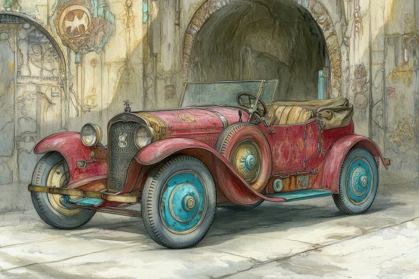 Dessin d'un cabriolet rouge classique, une voiture de collection -  par Dessins et peintures de Peter Pen