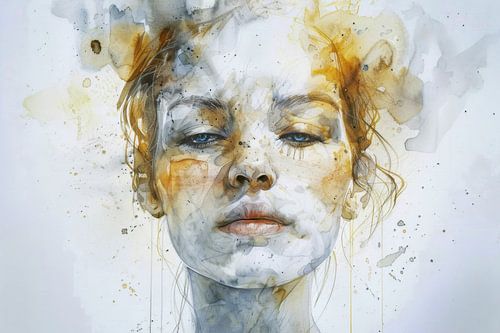 Watercolor painting of a beautiful young woman in soft colors and earth tones - 