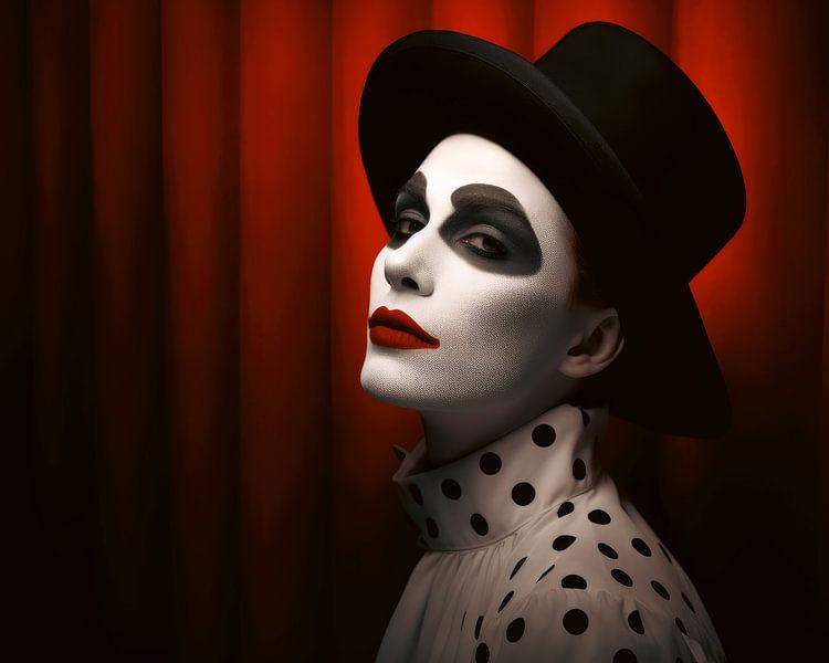 Portret van Pierrot in zwart, wit en rood van Vlindertuin-Art