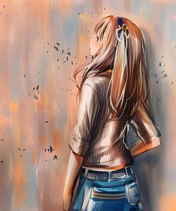 Digitaal kunstwerk van een anime meisje met jeans van Emiel de Lange