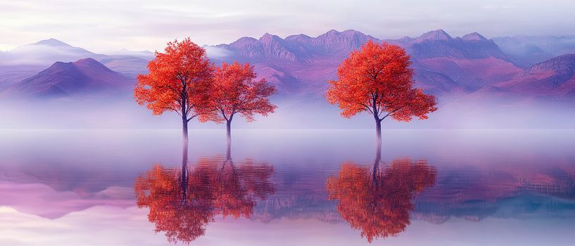 Red trees in the fog - dreamlike landscape by Poster Art Shop