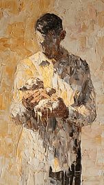 Figur, die ein verzerrtes, kindliches Objekt in der abstrakten psychologischen Kunst hält von Aden Pink Studio