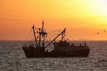 Vissersschip bij zonsondergang op zee van Ed Vroom