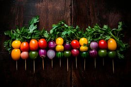 Brochettes de légumes colorées sur support en bois sur Poster Art Shop