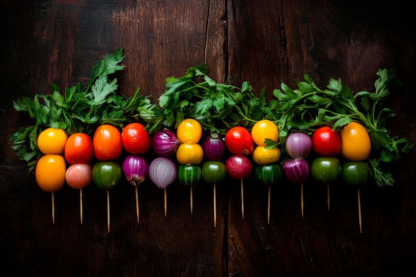 Colourful vegetable skewers on a wooden base by Poster Art Shop
