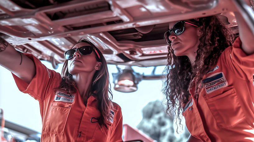 Mechanikerinnen prüfen Fahrzeugunterseite von Frank Heinz