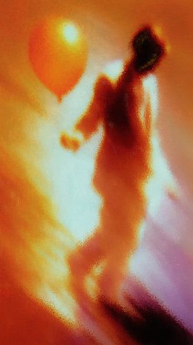 Überraschungsgast – Abstrakte Figur in Rottönen mit Luftballon von Whale & Sons