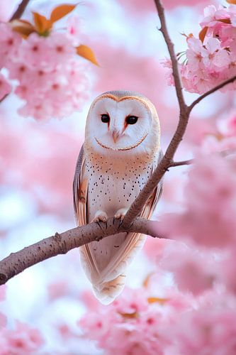 Owl in a cherry blossom tree