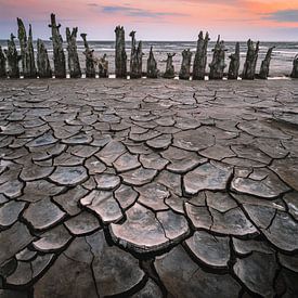 Verwitterte Pfähle am Wattenmeer | Landschaftsfotografie mit Pastelltönen von Marijn Alons