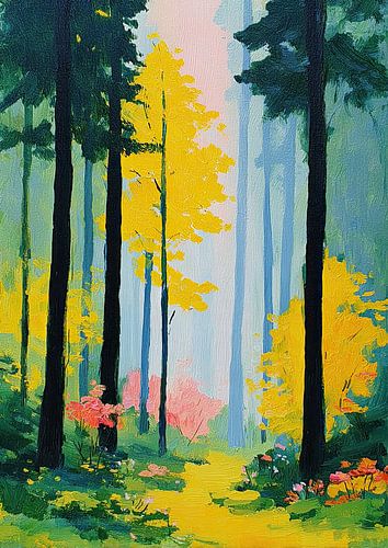 Lichtdoorlatend bospad in geel en roze