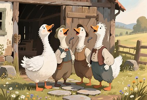 Portretillustratie van zingende ganzen in een landelijk landschap
