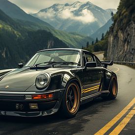 Zwarte Porsche in berglandschap_9 van Bianca Bakkenist