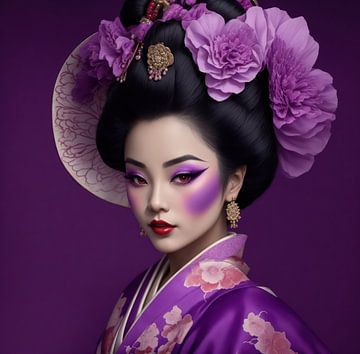 Geisha uit Japan in traditionele kleding en haardracht . van Brian Morgan