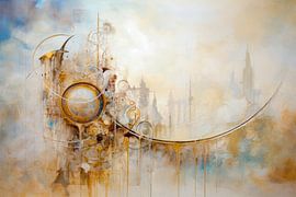 Abstrakte Stadt – Goldene Kreise und Kunst in Erdtönen von Joriali Abstrakte Kunst