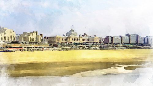 Zicht op skyline Scheveningen vanuit zee.