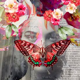 VlinderVrouw | VlinderVrouw is een afbeelding van een portret van een vrouw. In het portret is een kleurrijke vlinder verwerkt. Het werk bevat ook prachtige bloemen. van Wil Vervenne