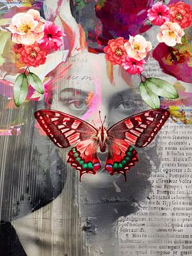 VlinderVrouw | VlinderVrouw is een afbeelding van een portret van een vrouw. In het portret is een kleurrijke vlinder verwerkt. Het werk bevat ook prachtige bloemen. van Wil Vervenne